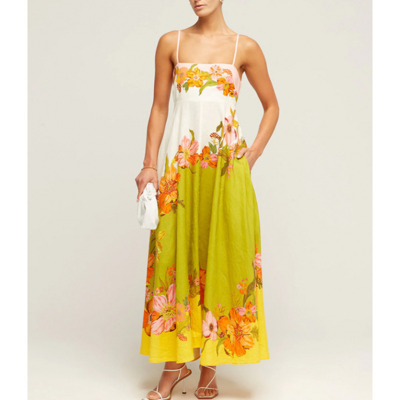 Women's Sleeveless Printed Linen Maxi Dress with Flowy Skirt