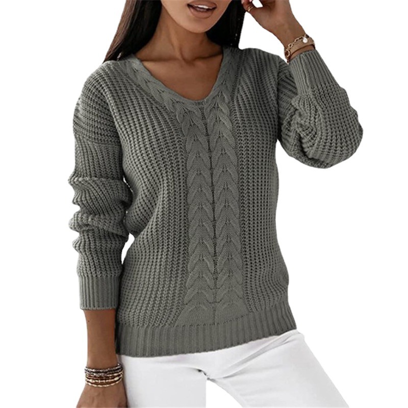 Women's V-Neck Cable Knit Pullover Sweater Long Sleeve Solid Color
