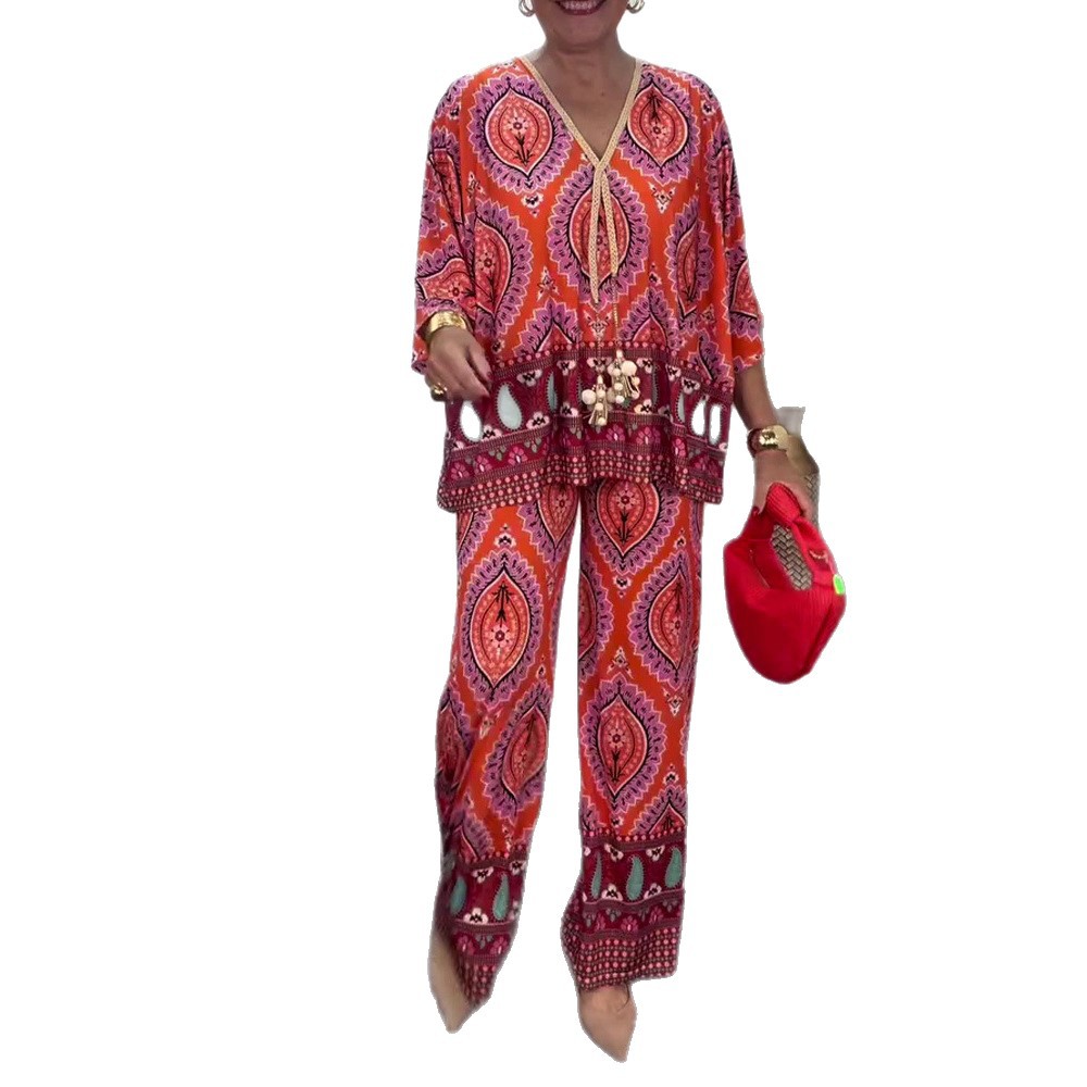 Women's Floral Print V-Neck Long Sleeve Top and Pants Two-Piece Set