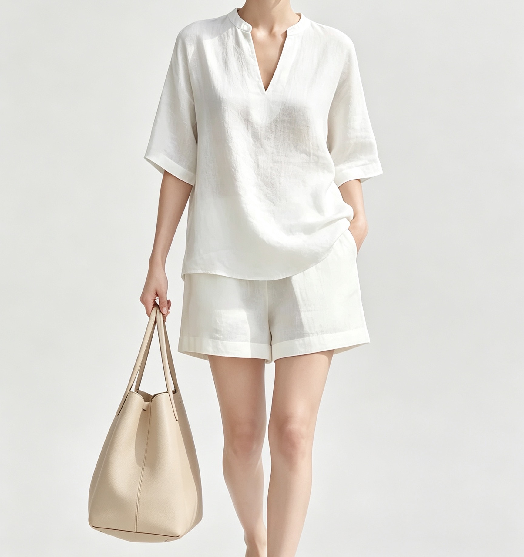 Solid V-Neck Linen-Blend Top and Shorts Two-Piece Set