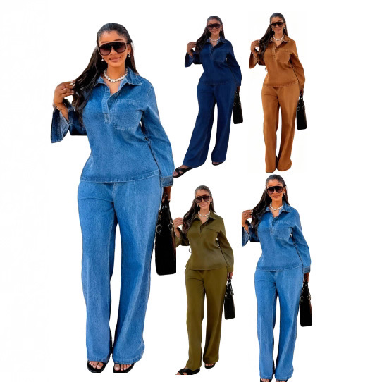 Women's Washed Blue Denim Top and Straight-Leg Pants Set