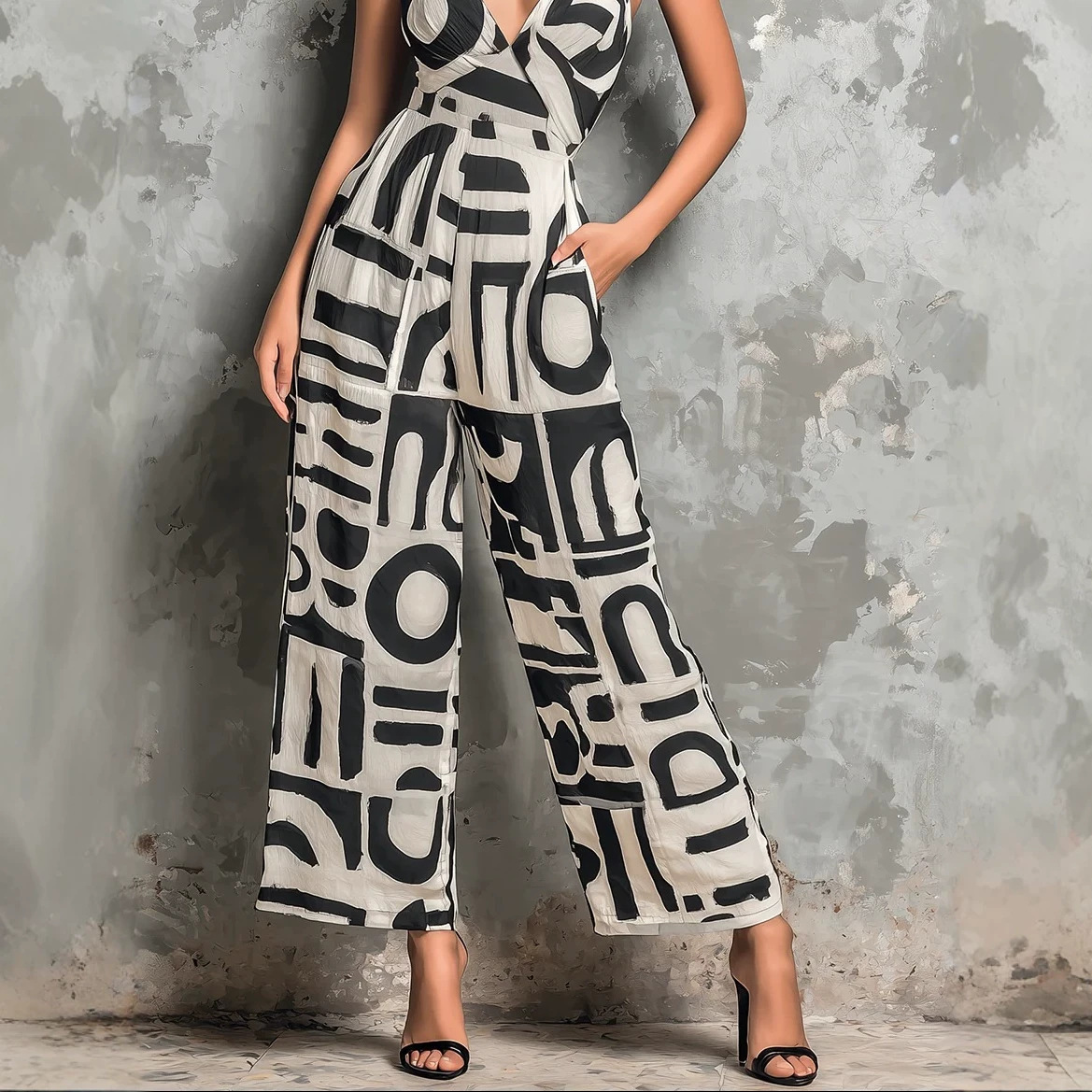Abstract Black and White Print Deep V Spaghetti Strap Jumpsuit with Pockets
