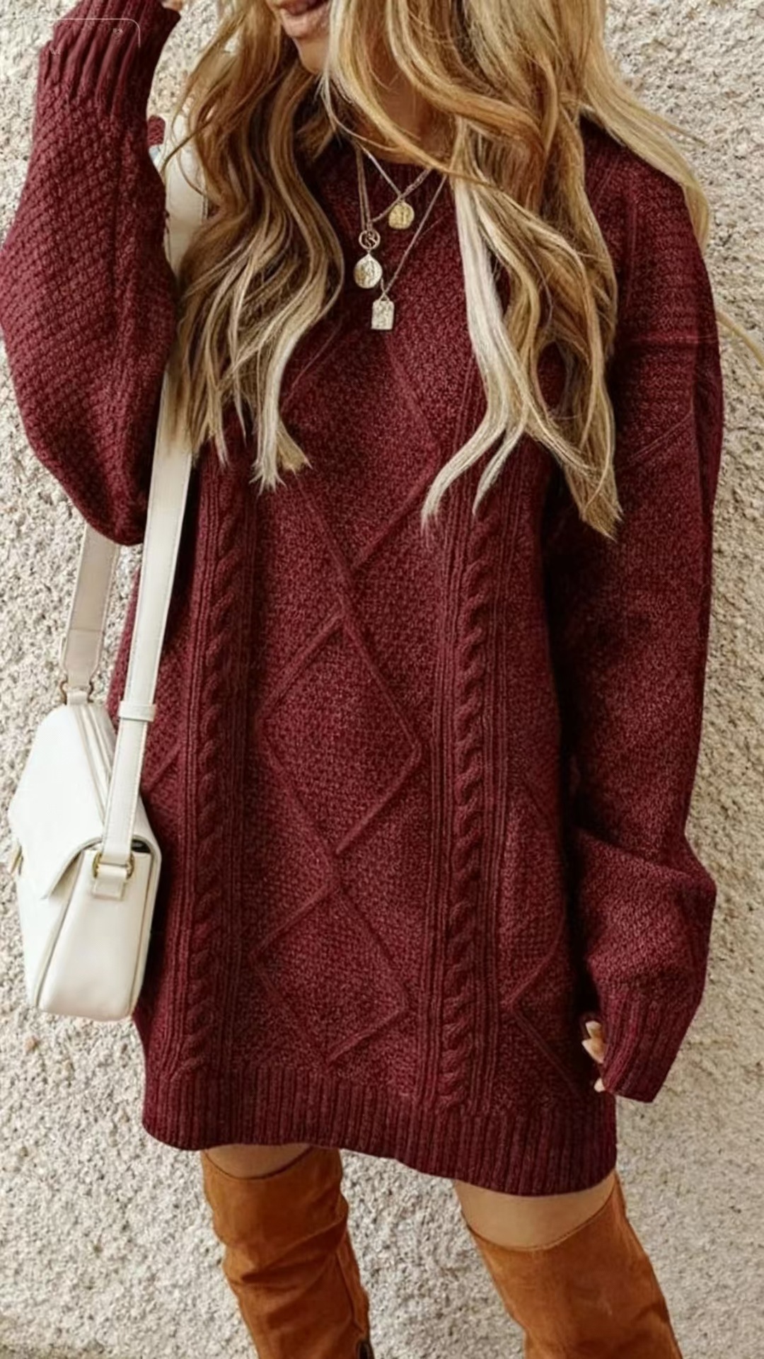 Cable-Knit Sweater Dress Relaxed Crew Neck Knee-Length