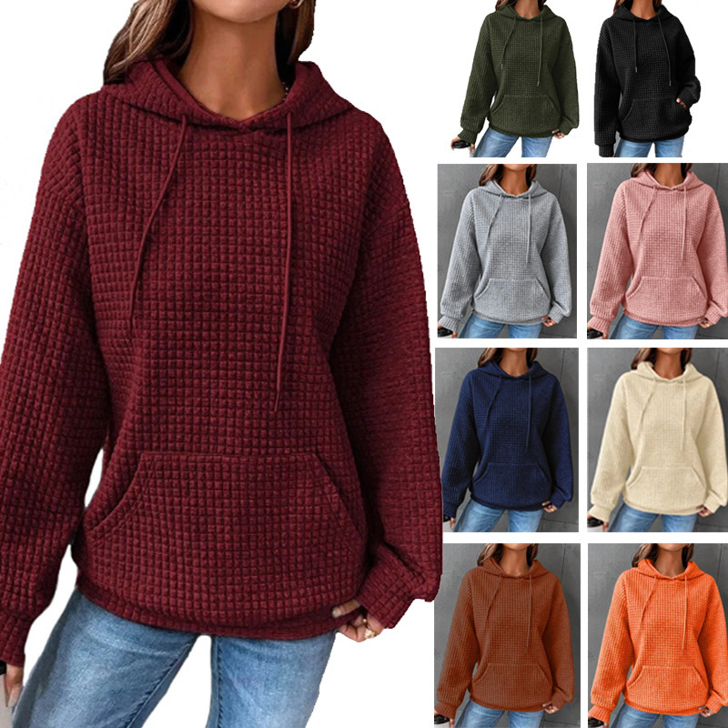 Women's Oversized Pullover Hoodie with Drawstring, Drop Shoulder, Kangaroo Pocket, Waffle Knit