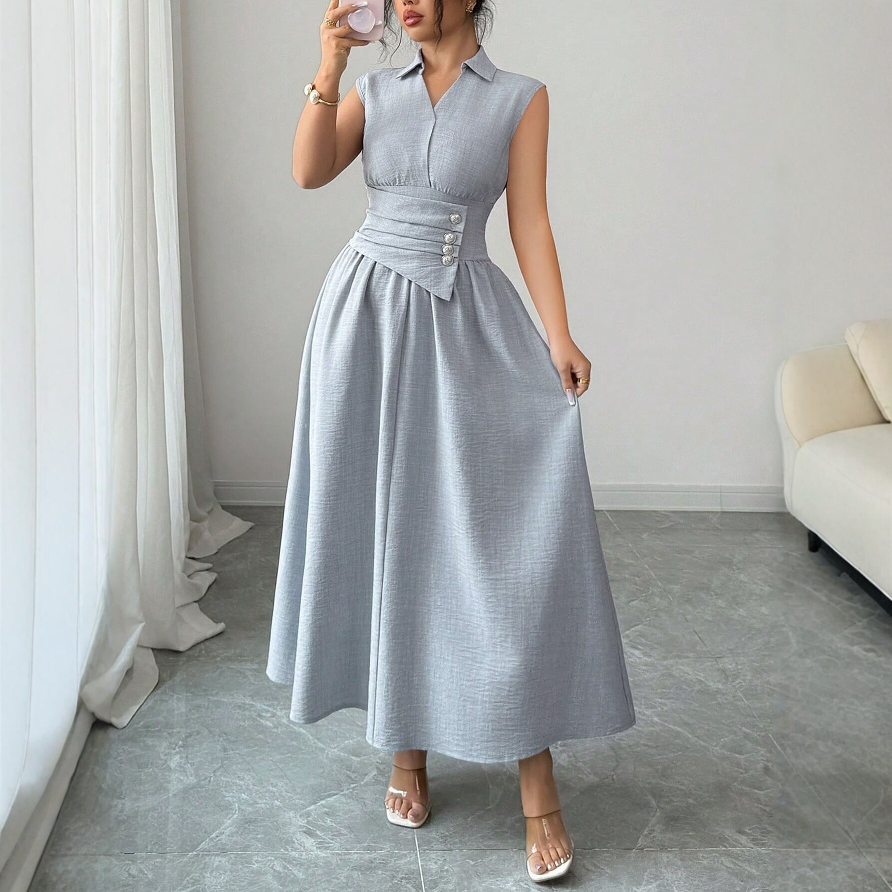 V-Neck Sleeveless Ruffle A-Line Midi Dress