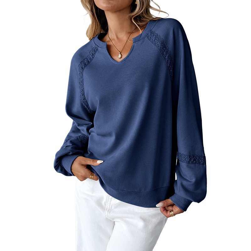 Solid Half-Open Collar Lace Trim Loose Long-Sleeve Sweatshirt