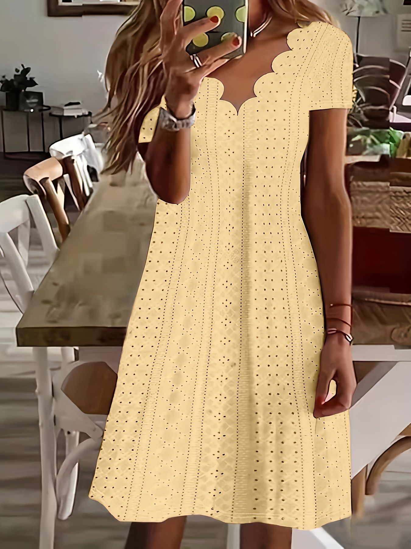 Women's Casual Loose Round Neck Hollow-Out Jacquard Short Sleeve A-Line Dress