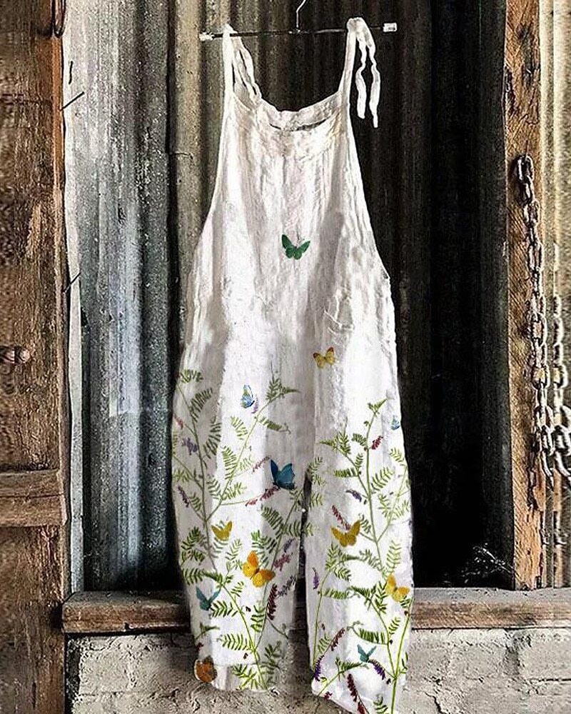 Women's Vintage Floral Print Sleeveless Jumpsuit Casual Tie-Waist