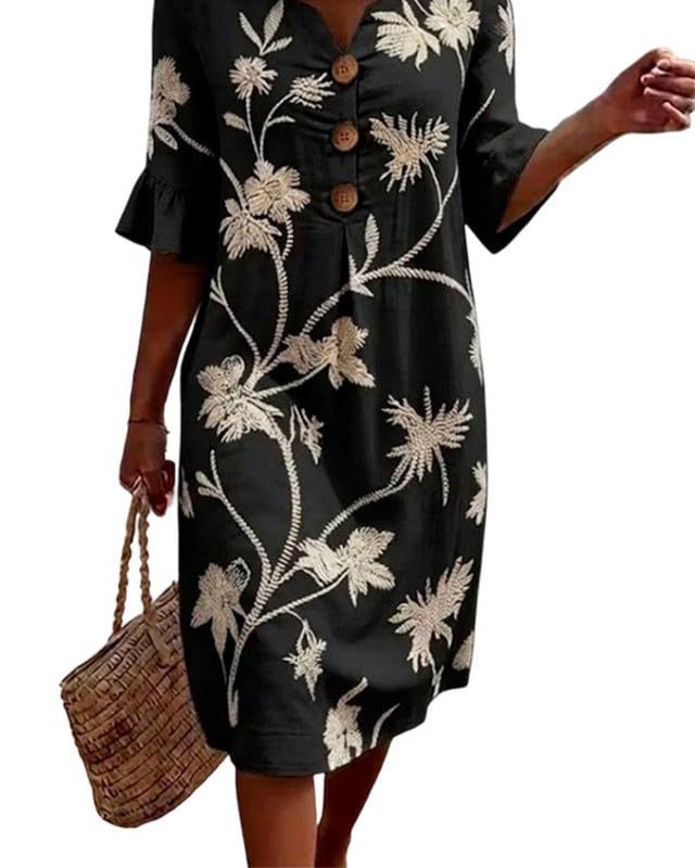 Women's Floral Print Ruched Three-Button Rolled-Sleeve Dress