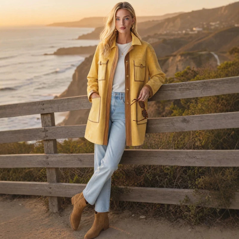 Women's Vintage Casual Mid-Length Yellow Jacket