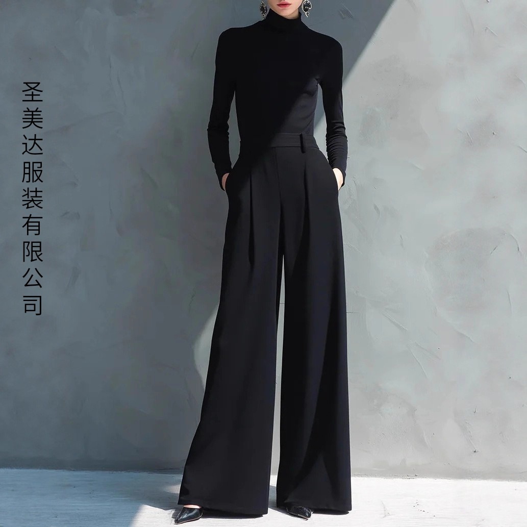 Classic Black Long Sleeve High Neck Wide Leg Casual Pant Set