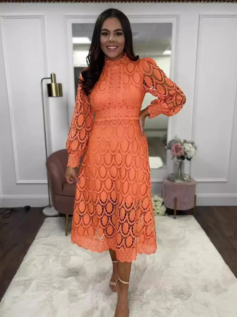 Sexy Cutout Long Sleeve Stand Collar Lace Trim Maxi Dress