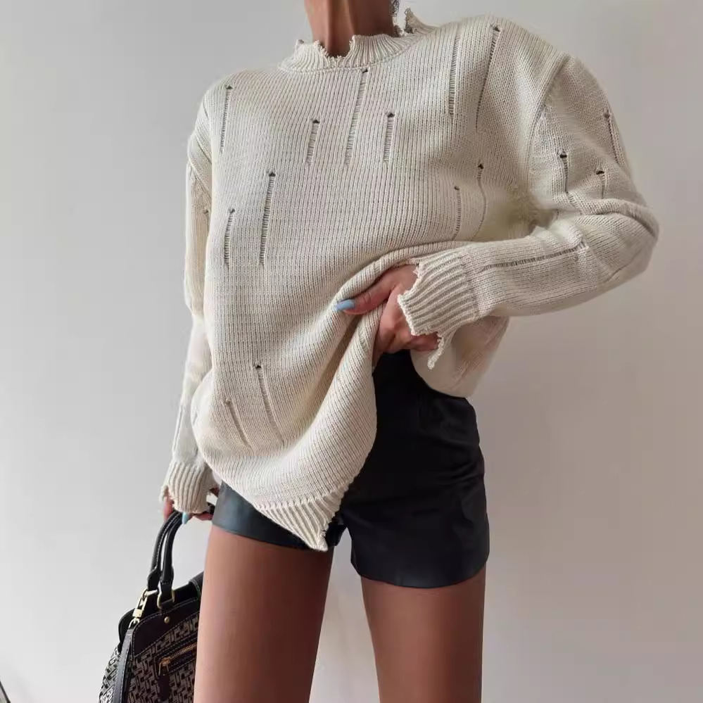 Women's Loose Distressed Crewneck Pullover Sweater