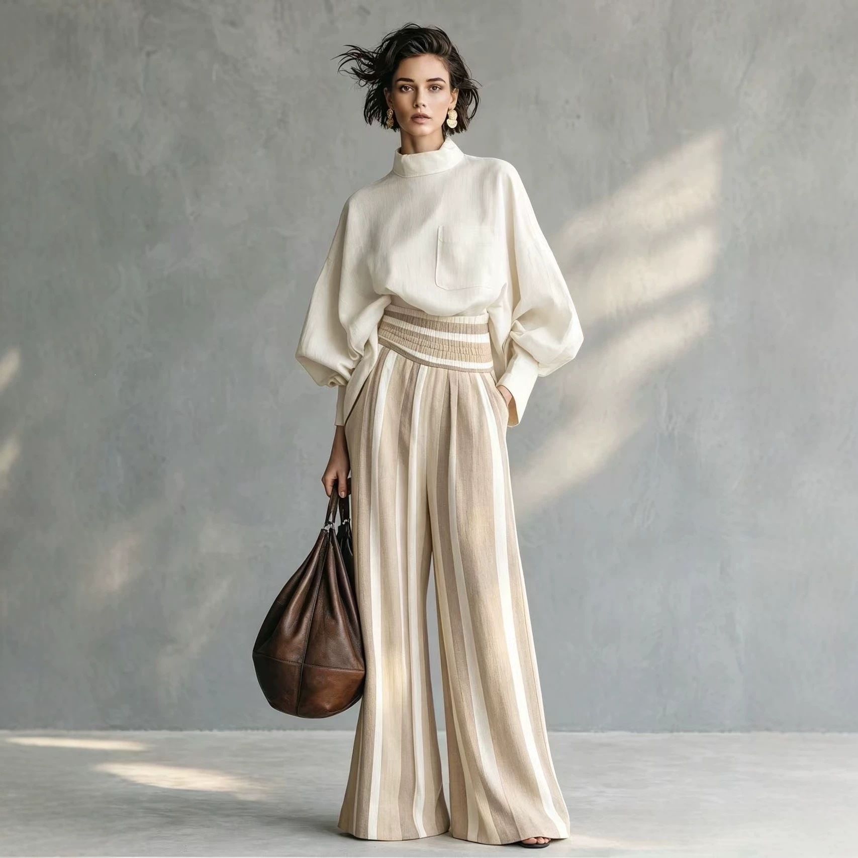 Women's Striped Mock Neck Long Sleeve T-Shirt and Pants Set