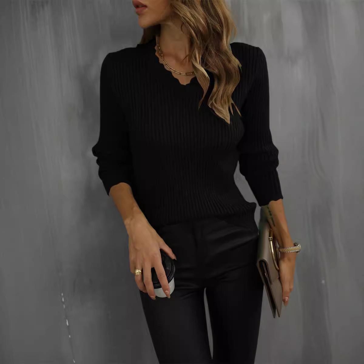 Women's Ribbed Knit Slim Fit V-Neck Pullover Sweater