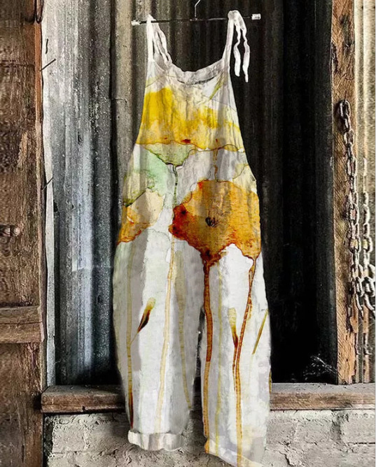 Women's Printed Cotton-Linen Cami Jumpsuit Sleeveless Wide-Leg Beach Romper