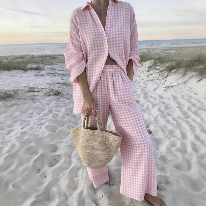 Pink Plaid Two-Piece Shirt and Pants Set Casual Chic