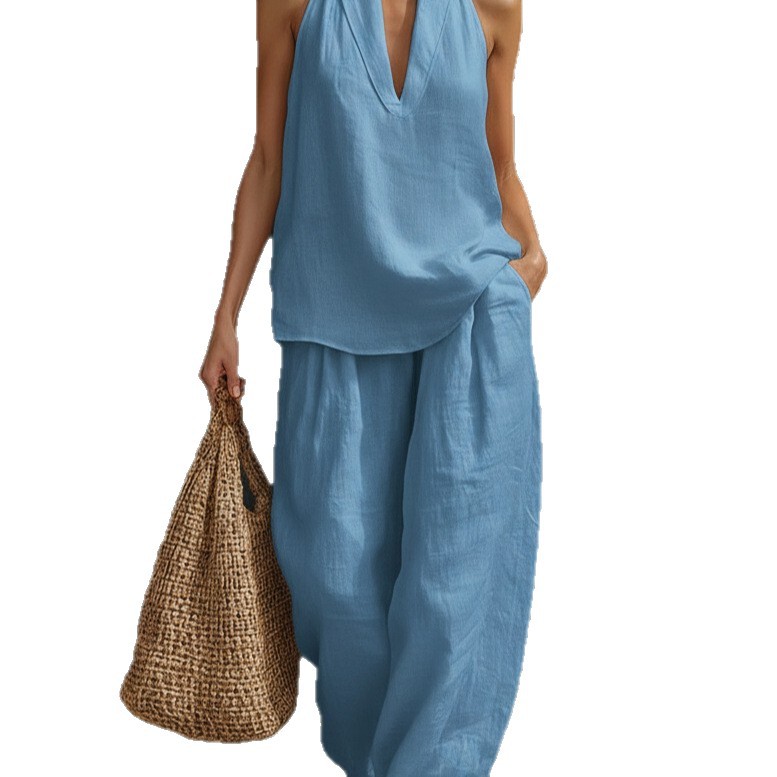 Women's Halter V-Neck Sleeveless Casual Pant Set