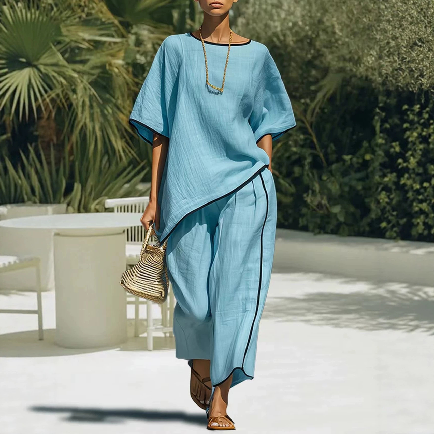 Women's Elegant Round Neck Short Sleeve Two-Piece Pant Set