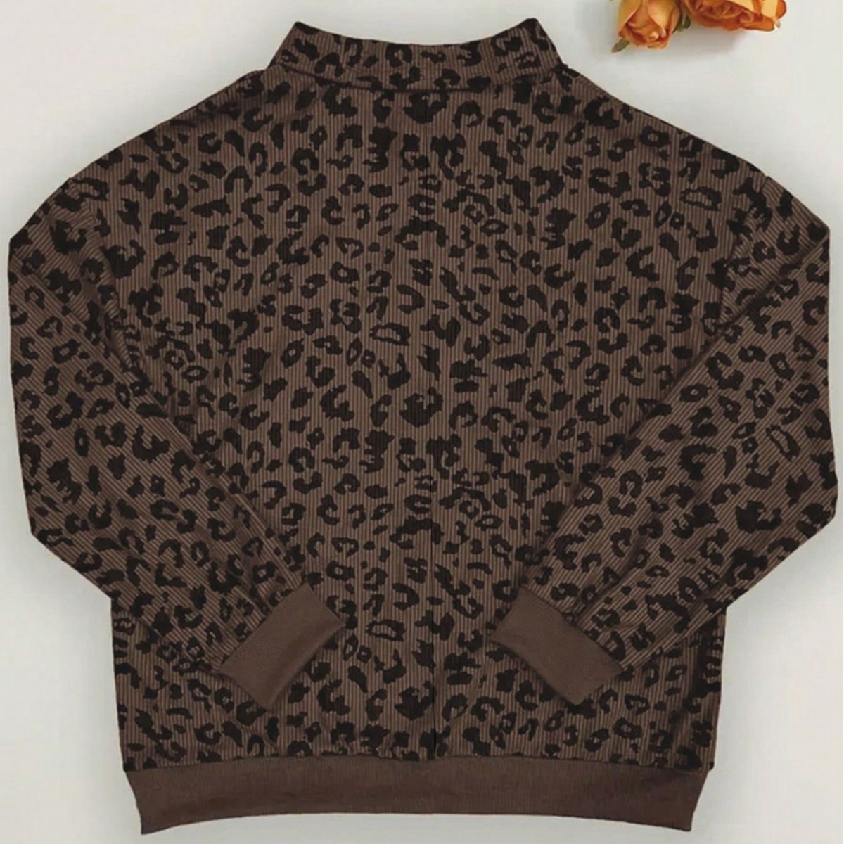 Leopard Print Loose Fit Pullover Sweatshirt with Collar