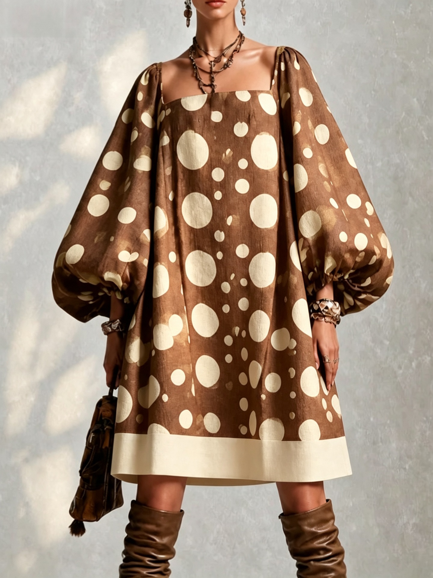 Retro Polka Dot Lantern Sleeve Off-Shoulder Mini Dress