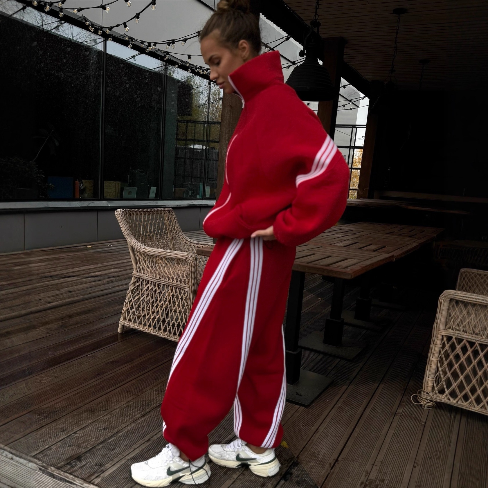Striped Color-Block Stand-Collar Jacket & Elastic-Waist Pants Set