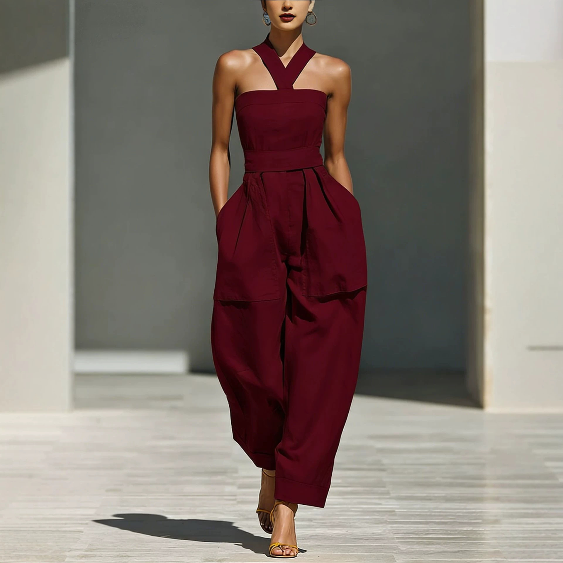 Linen-Blend Cross Halter Neck Loose Women's Jumpsuit