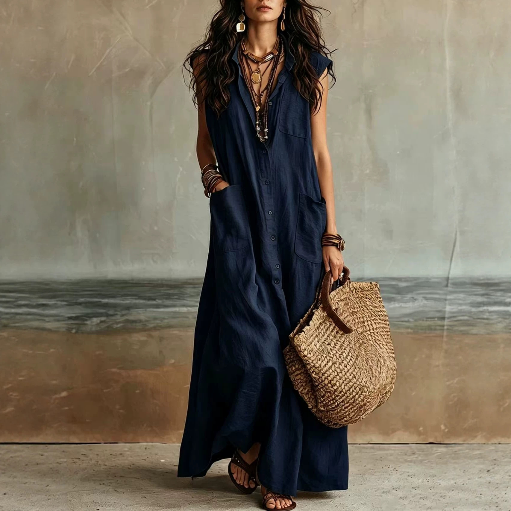 Off-Shoulder Boho V-Neck Shirt Dress Loose Long