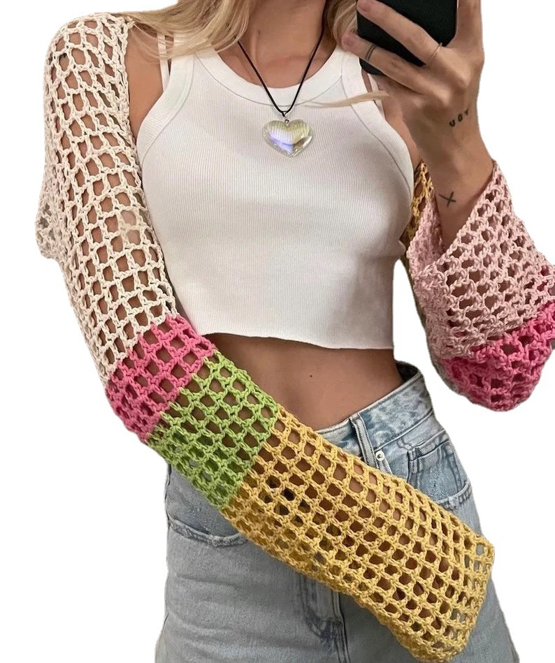 Color-Block Hollow-Out Cropped Knit Cardigan