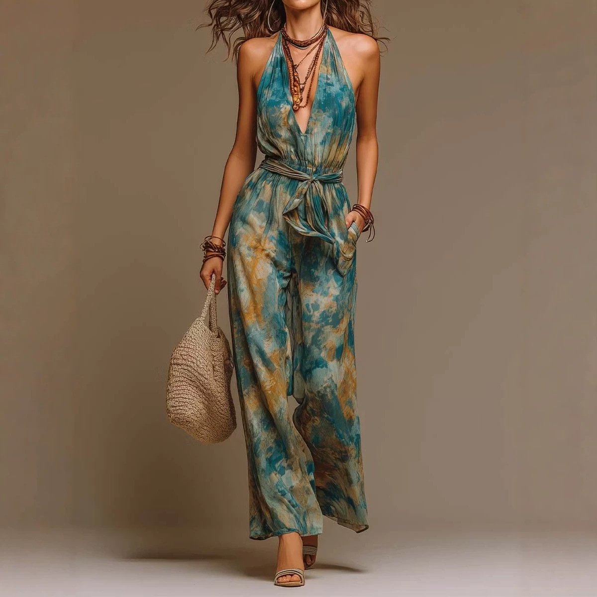Women's Digital Print High-Waist Sleeveless Jumpsuit