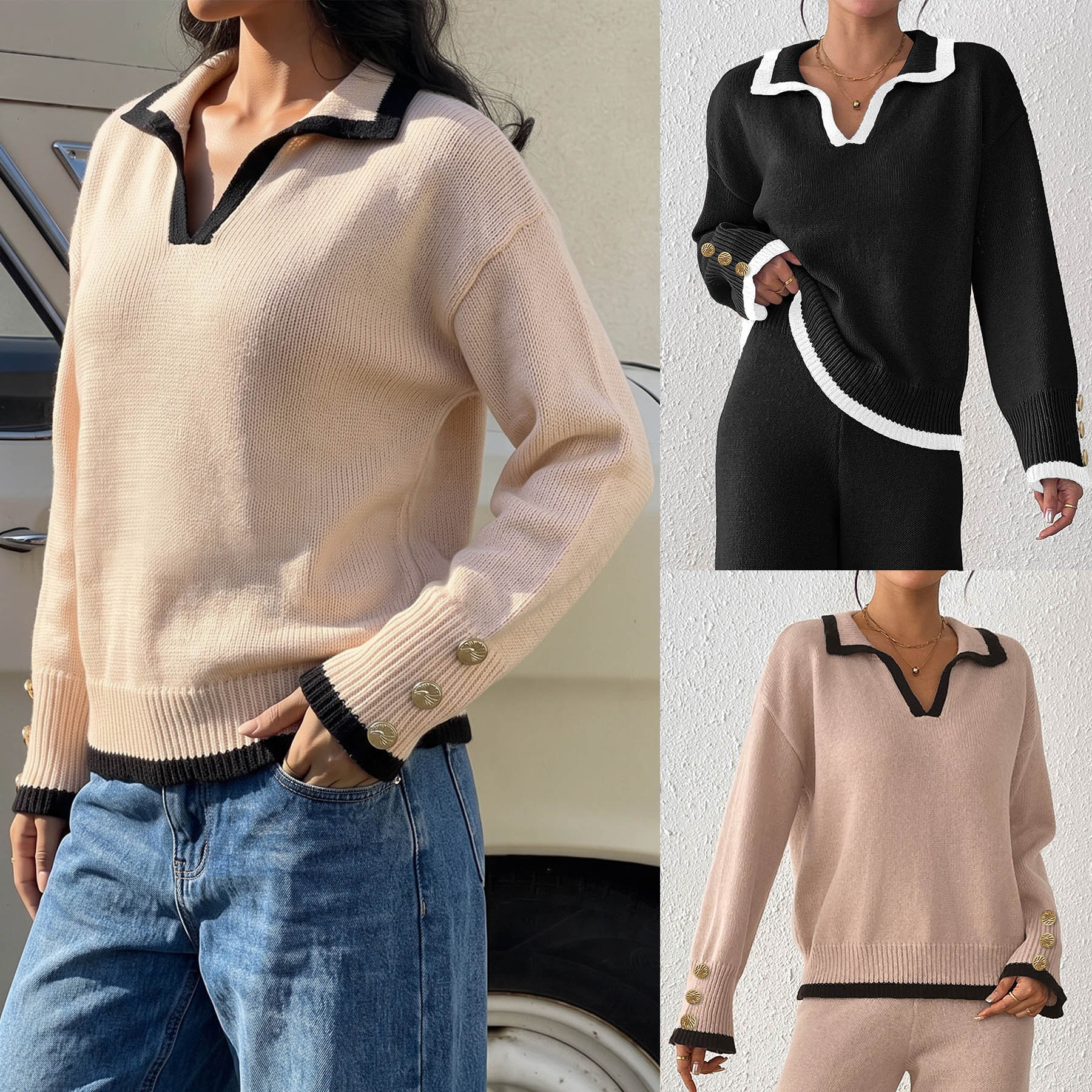 Women's Color-Block Pullover Sweater with Collar and Gold Buttons