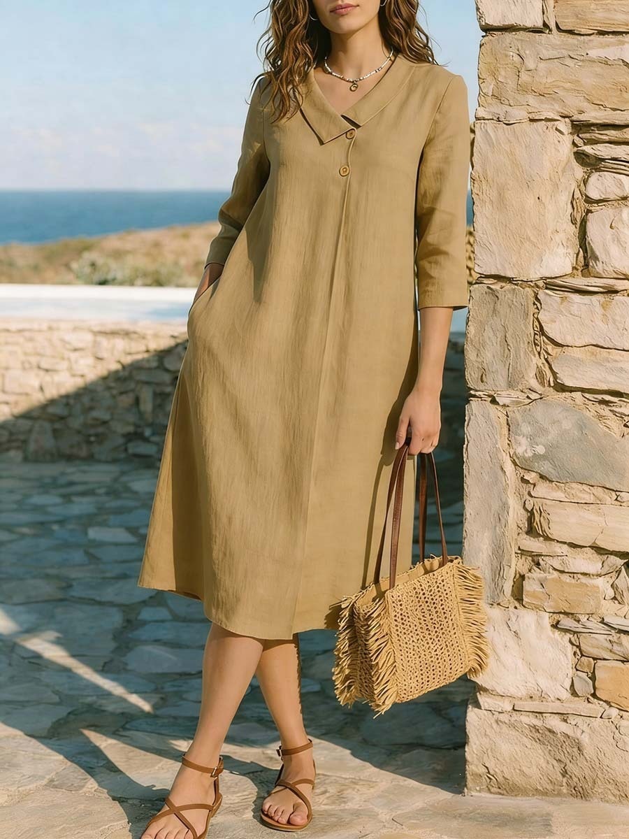 Women's Summer Solid Color French Collar Midi Dress