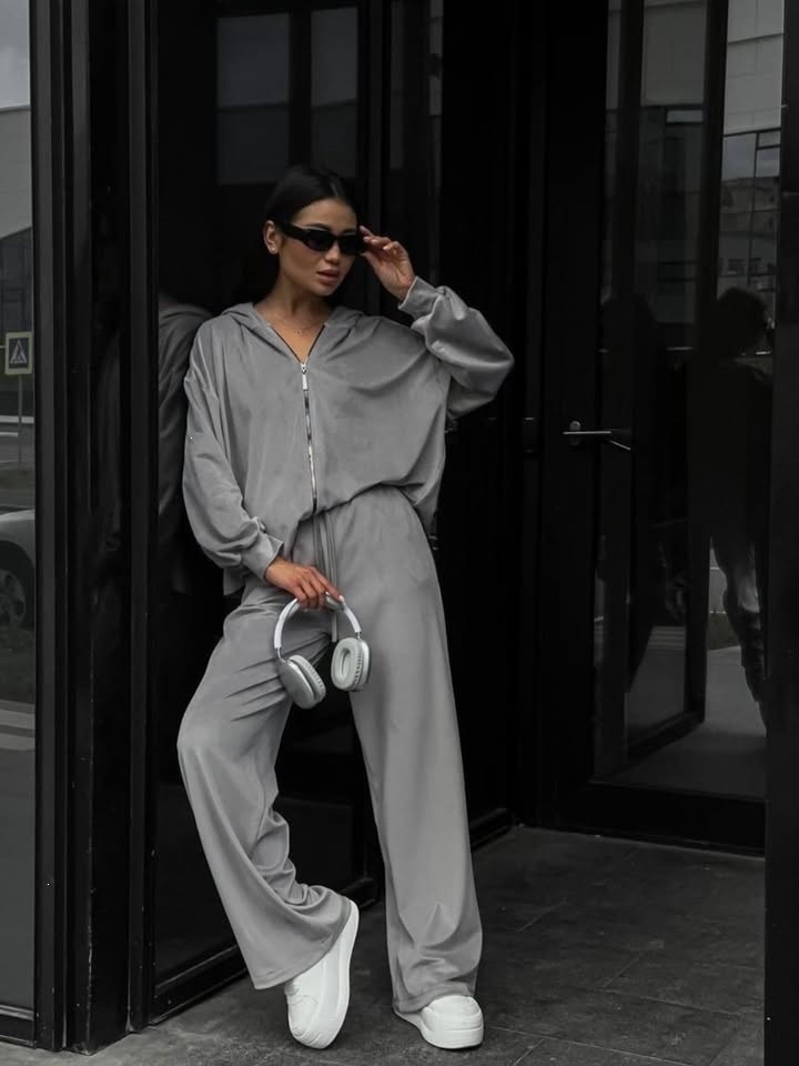 Women's Solid Color Hooded Zip Cardigan & Wide-Leg Pants Set