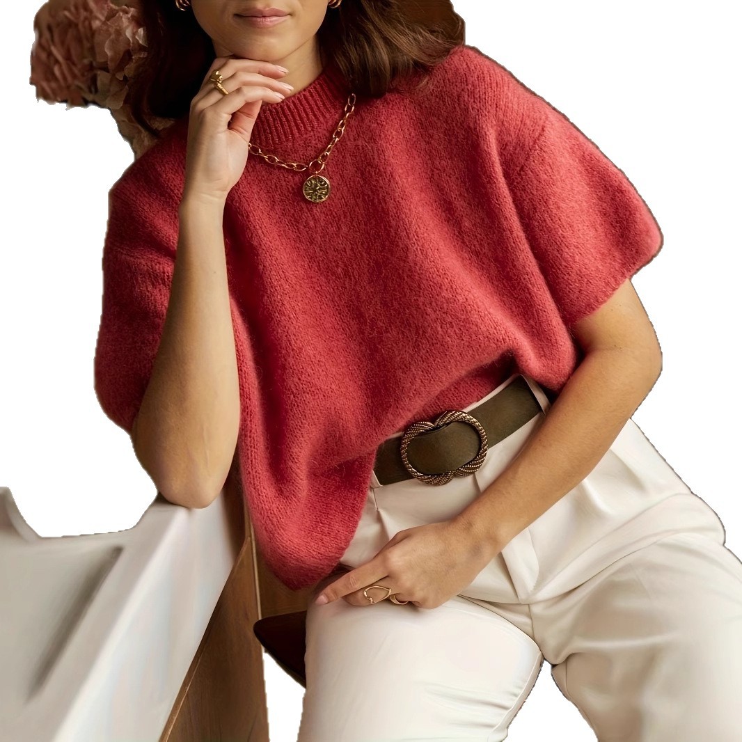Soft Fluffy Round Neck Short Sleeve Knit Sweater Top