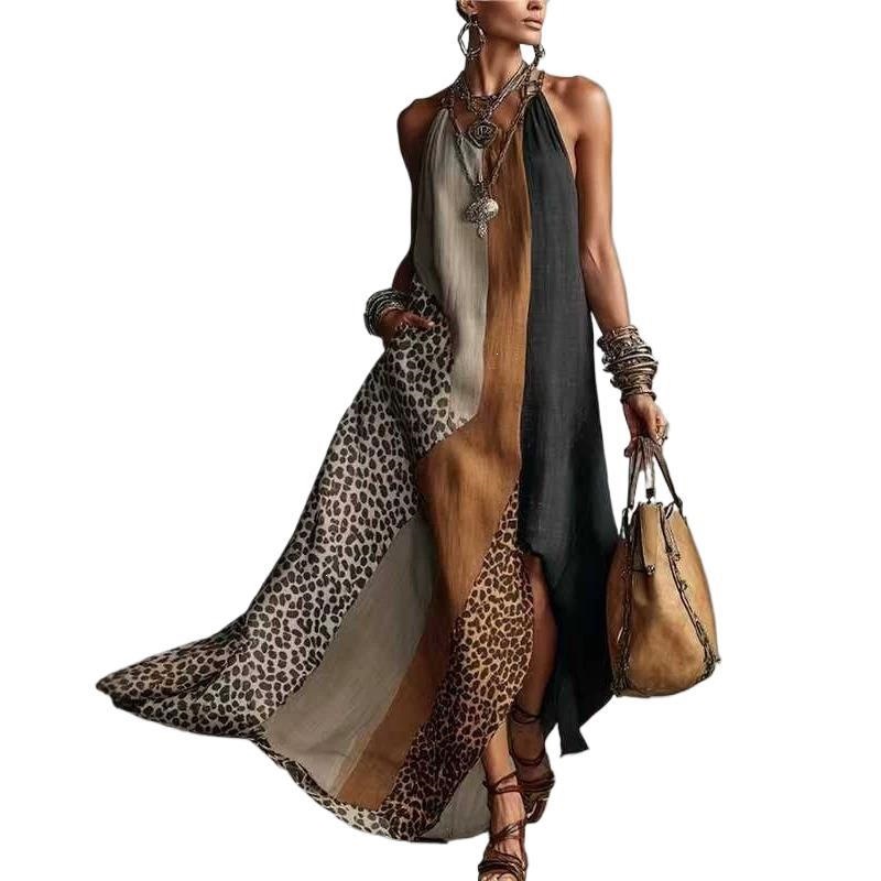 Women's Halter Neck Color-Block Maxi Dress Sleeveless Open Back Loose Fit