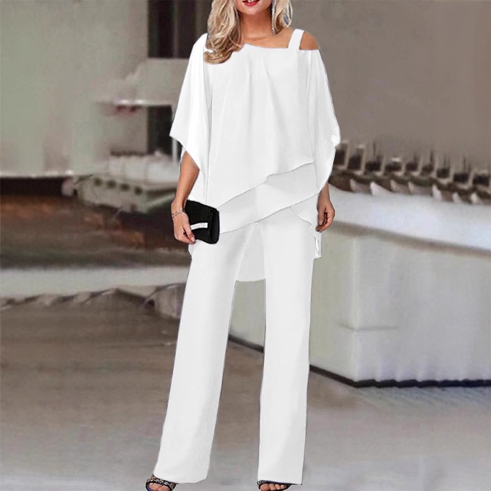 Women's One-Shoulder Chiffon Batwing Sleeve Two-Piece Pants Set