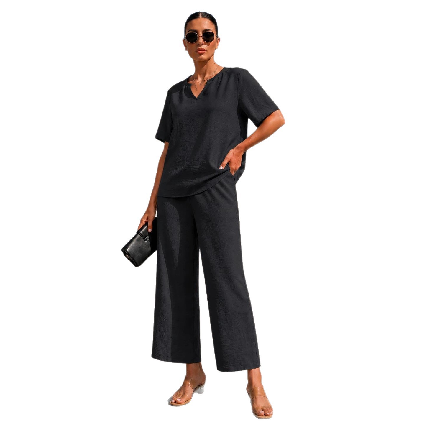 Women's Solid V-Neck Short-Sleeve Top & Wide-Leg Cropped Pants Vacation Set