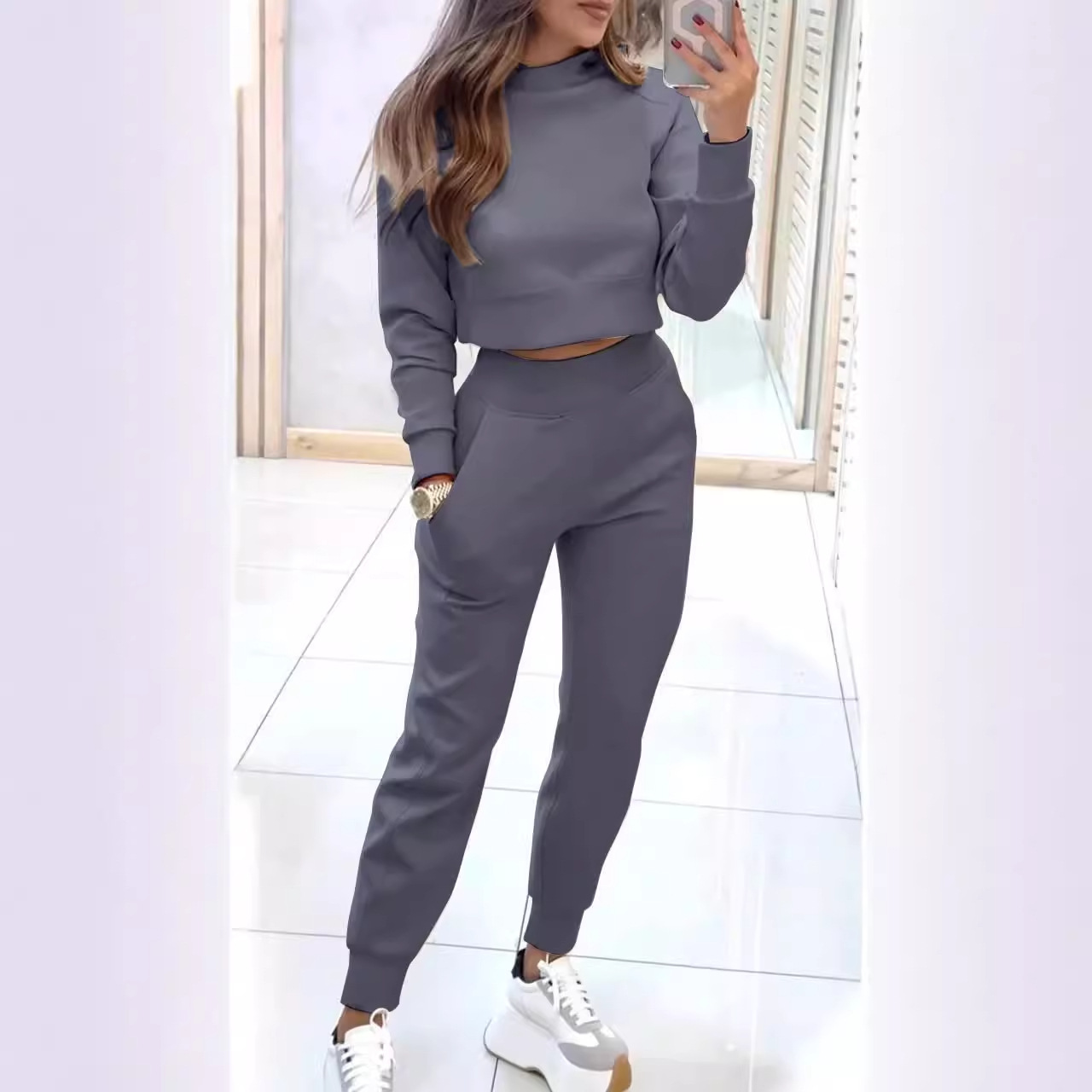 Women's High Neck Slim Fit Long Sleeve Casual Two-Piece Set