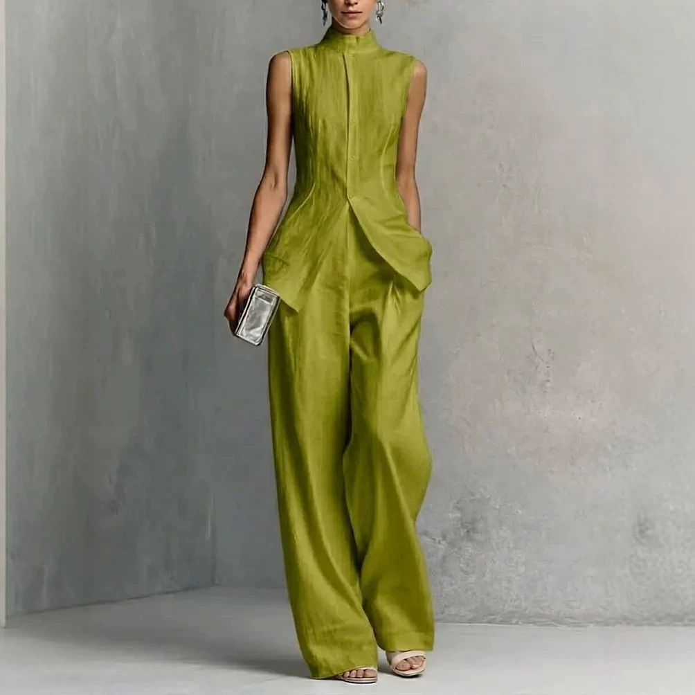 Women's Sleeveless Solid Top & Wide-Leg Pants Two-Piece Set