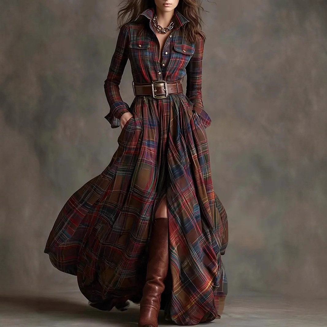 French Vintage Plaid Irregular Shirt Dress with Belt