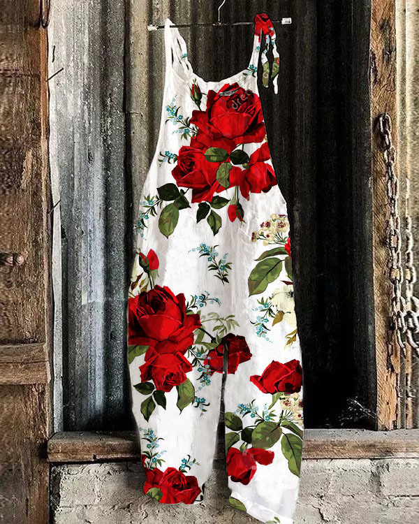Women's Printed Cotton-Linen Cami Jumpsuit Sleeveless Wide-Leg Beach Romper