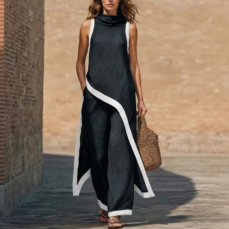 2026 New Cross-Border Summer Cotton-Linen Two-Piece Set Women's Sleeveless Asymmetrical Top Loose Wide-Leg Pants Set