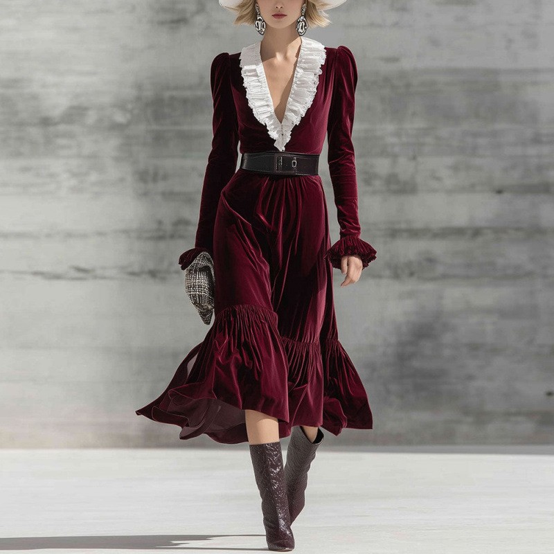 V-Neck Color-Block Slim Fit Long Sleeve Mermaid Dress