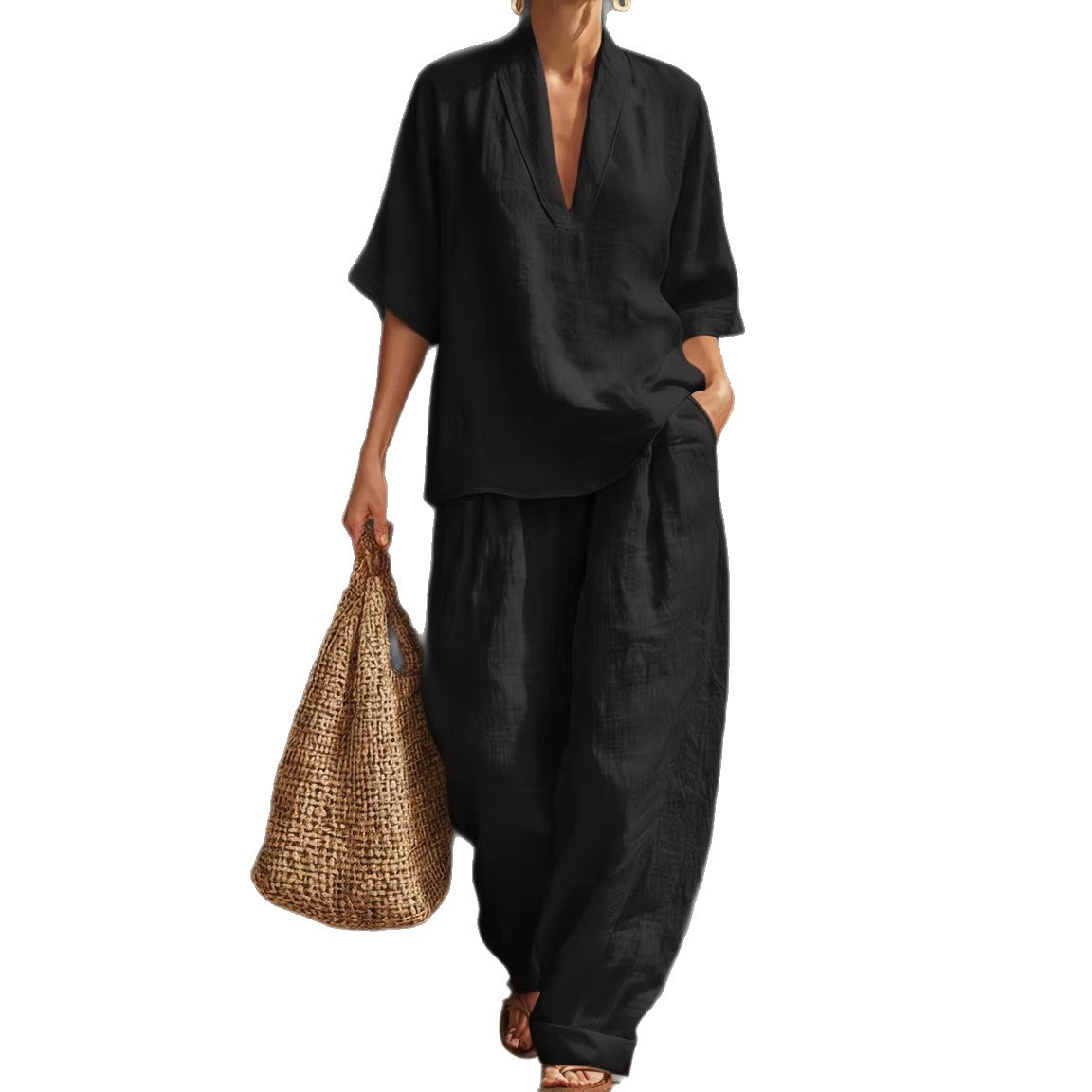 Women's Casual Loose Solid Color Two-Piece Set Short Sleeve T-Shirt and Pants