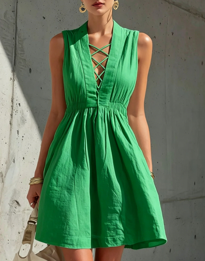 Women's Sleeveless V-Neck Solid A-Line Dress Casual Cotton-Blend