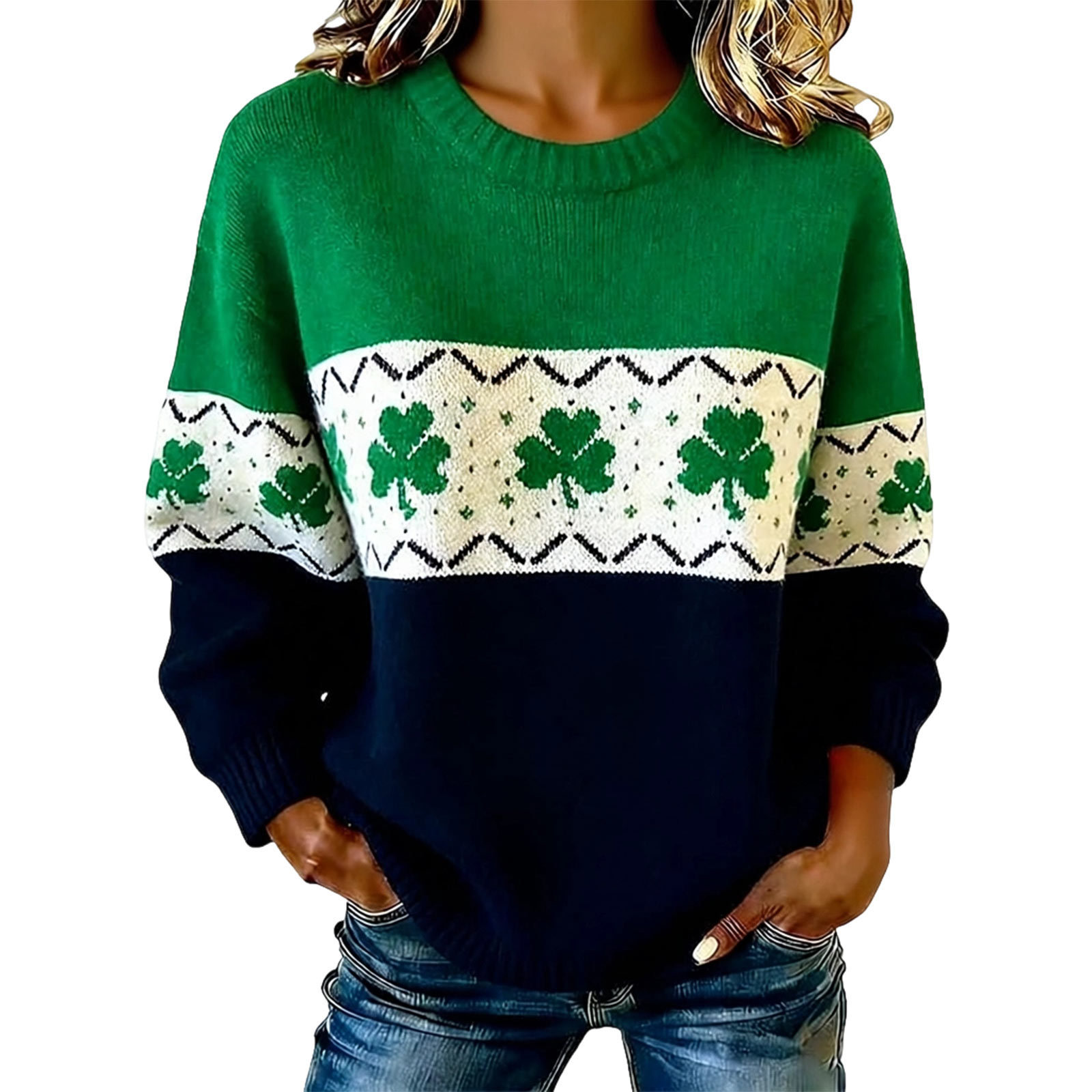 Women's Clover Print Crewneck Sweatshirt Casual Pullover
