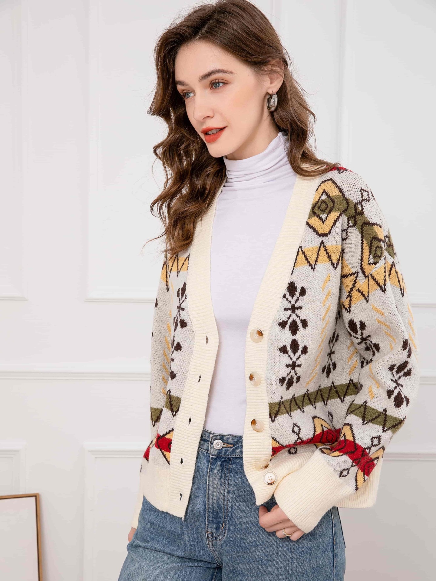 Women's Wool Blend Double-Sided Jacquard Colorblock Cardigan Sweater
