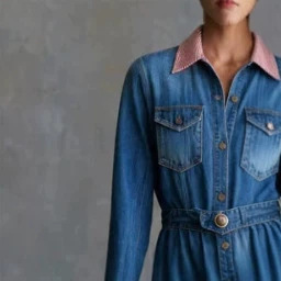 Retro Striped Collar Blue Button Denim Jumpsuit
