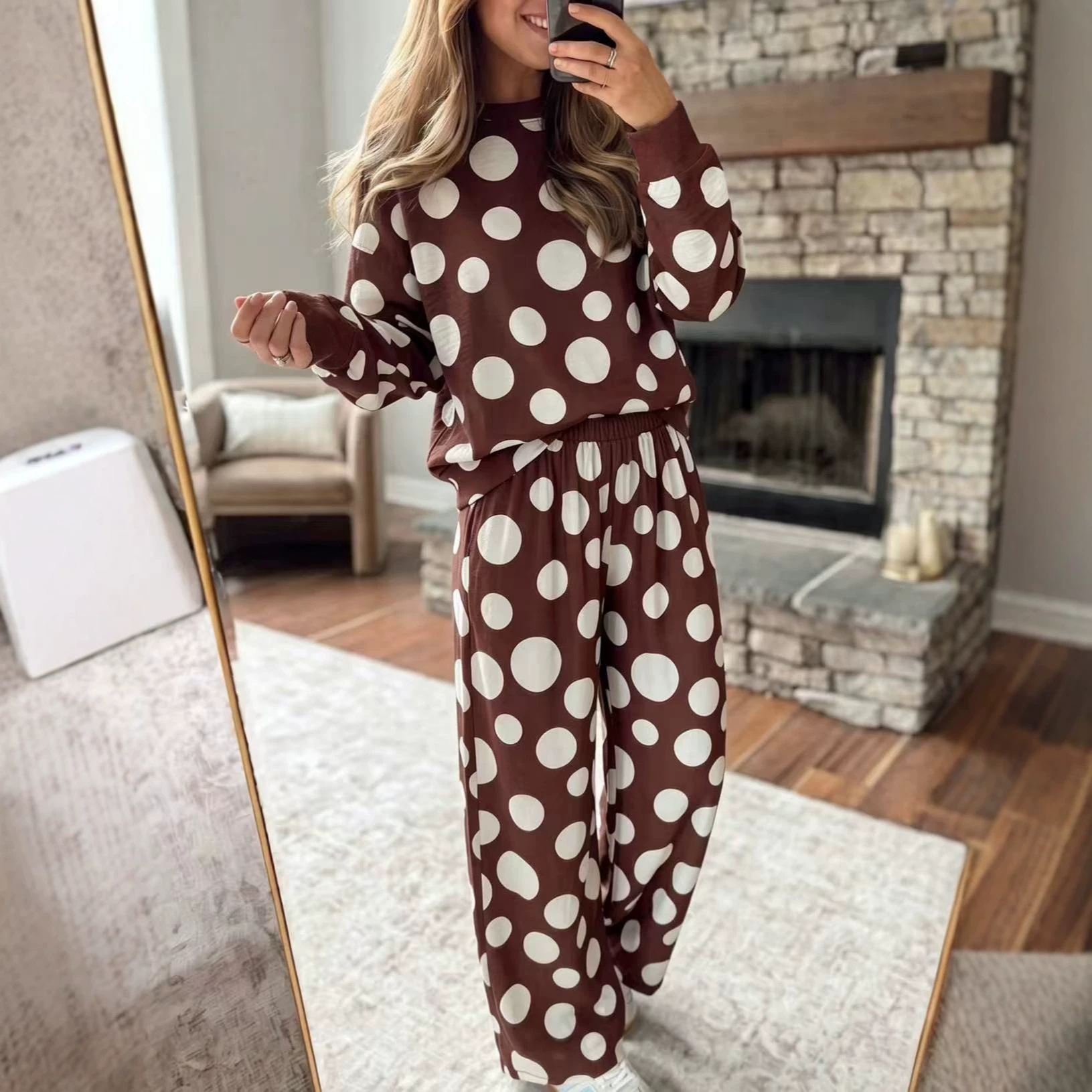 High-Waist Polka Dot Print Wide-Leg Two-Piece Set