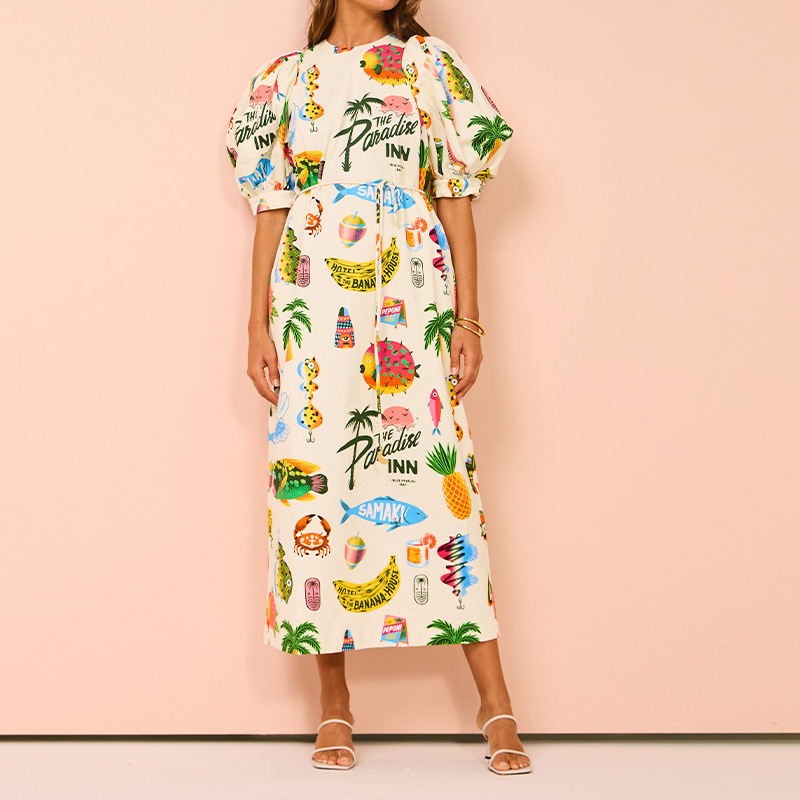 Elegant Floral Print Tie-Waist Midi Dress with Pockets